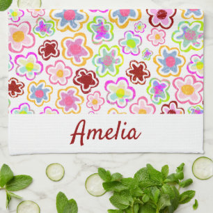 Colourful Flower Pattern Hand-Drawn Summer Floral  Tea Towel