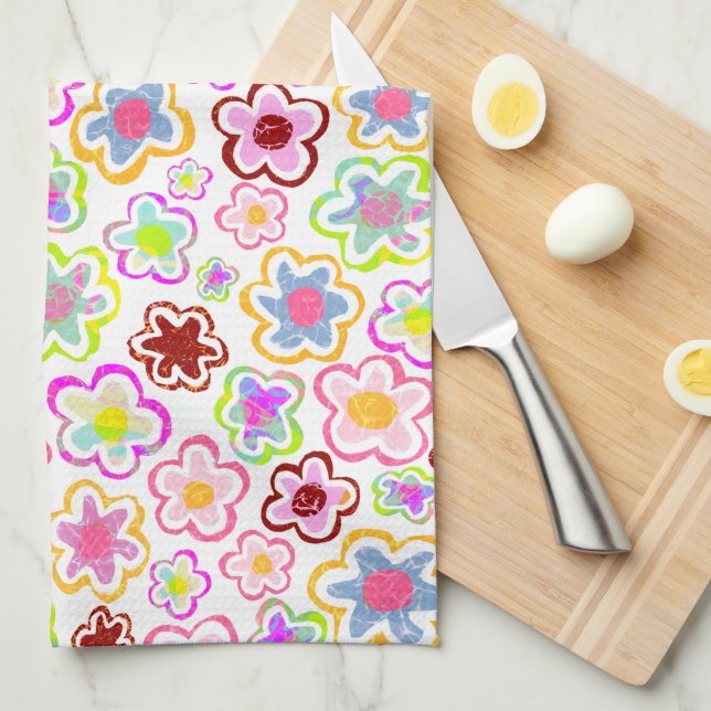 Colourful Flower Pattern Hand-Drawn Summer Floral Tea Towel (Quarter Fold)