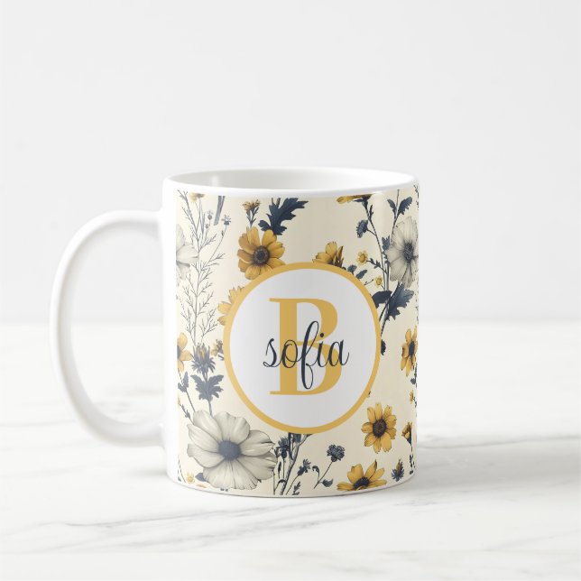Colourful Flower Pattern Monogram Yellow Coffee Mug (Left)