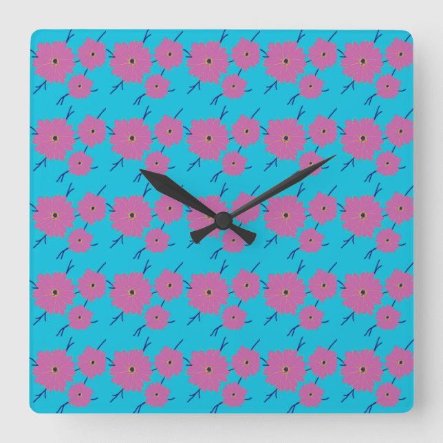 Colourful Flower Pattern on Blue Background Square Wall Clock (Front)