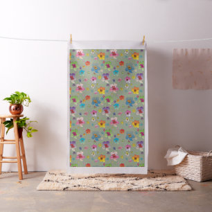 Colourful Flower Pattern on Green Background Fabric