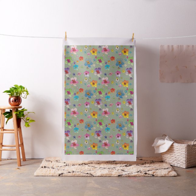 Colourful Flower Pattern on Green Background Fabric (In Situ)