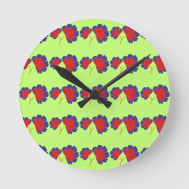 Colourful Flower Pattern on Green Background Round Clock (Front)