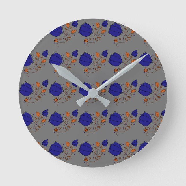 Colourful Flower Pattern on Grey Background Round Clock (Front)