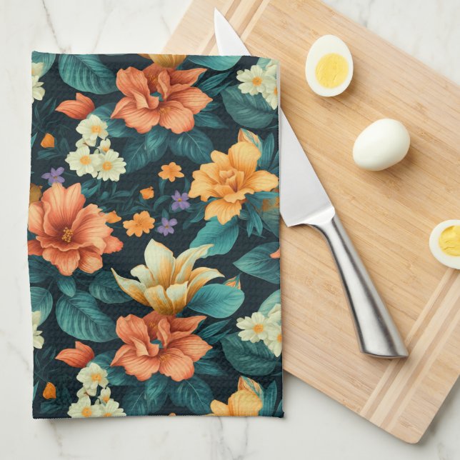 Colourful Flower Pattern Tea Towel (Quarter Fold)