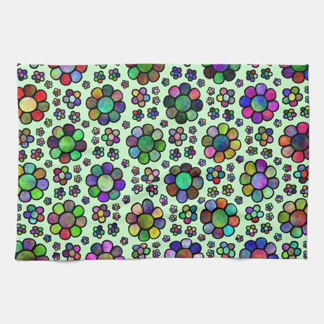 Colourful Flower Pattern Tie Dye Tea Towel (Horizontal)