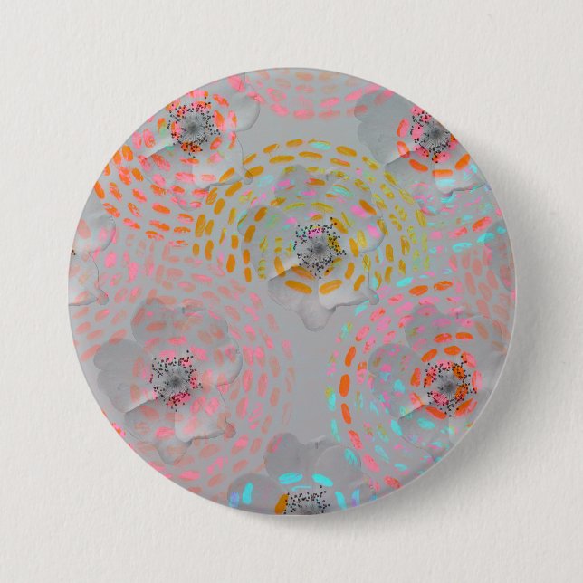 Colourful flower pattern with dotted graphic lines 7.5 cm round badge (Front)
