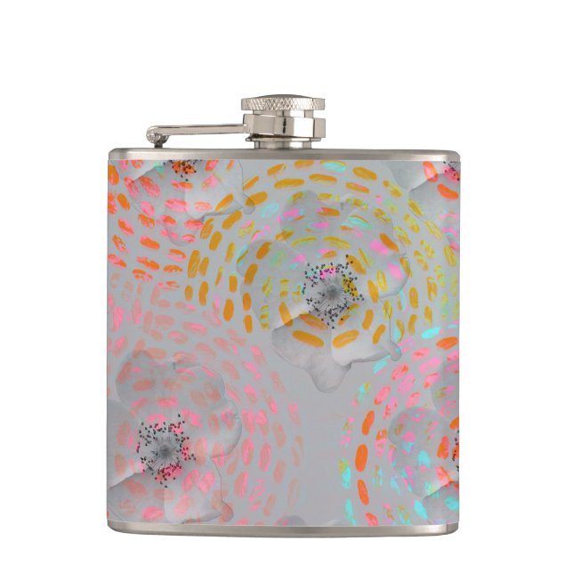 Colourful flower pattern with dotted graphic lines hip flask (Front)
