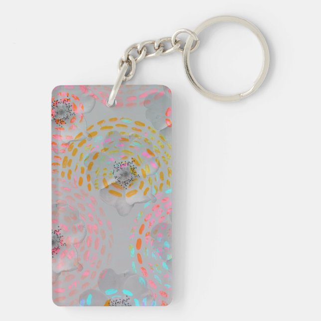 Colourful flower pattern with dotted graphic lines key ring (Back)