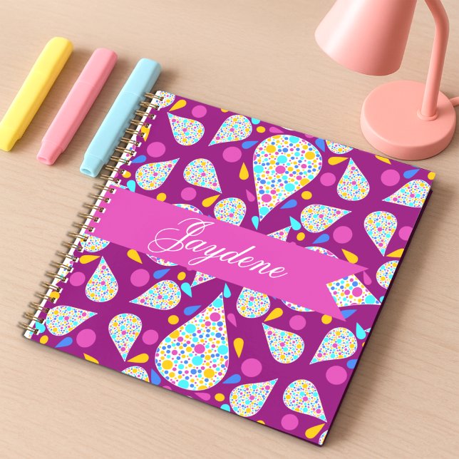 Colourful Flower Petals And Dots Purple Pink  Notebook (Style meets scribbles in this custom classic. Teardrops filled with dots in bright colors.)