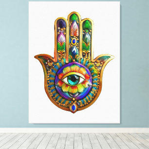 Colourful Flower Petals Turquoise Third Eye Hamsa Canvas Print