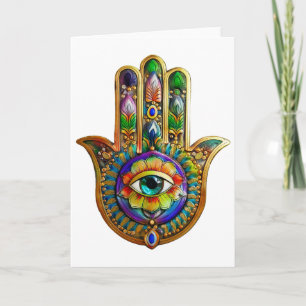 Colourful Flower Petals Turquoise Third Eye Hamsa Card