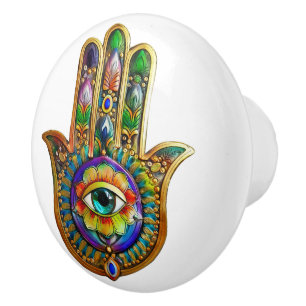 Colourful Flower Petals Turquoise Third Eye Hamsa Ceramic Knob