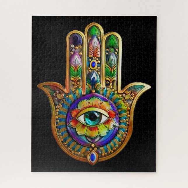 Colourful Flower Petals Turquoise Third Eye Hamsa Jigsaw Puzzle (Vertical)