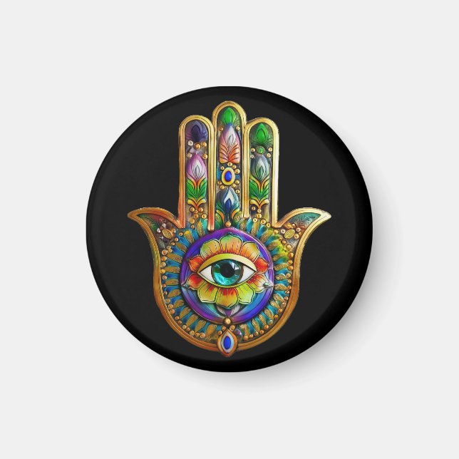 Colourful Flower Petals Turquoise Third Eye Hamsa Magnet (Front)