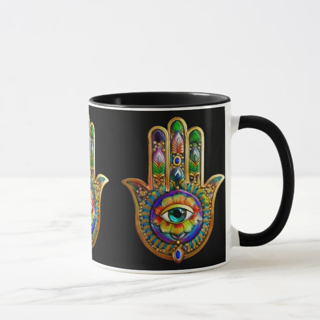 Colourful Flower Petals Turquoise Third Eye Hamsa Mug (Right)
