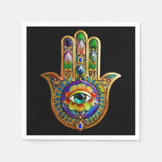 Colourful Flower Petals Turquoise Third Eye Hamsa Napkin (Front)
