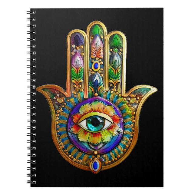 Colourful Flower Petals Turquoise Third Eye Hamsa Notebook (Front)