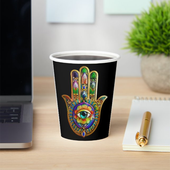 Colourful Flower Petals Turquoise Third Eye Hamsa Paper Cups (Insitu)