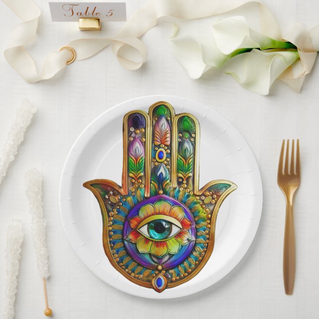 Colourful Flower Petals Turquoise Third Eye Hamsa Paper Plate (Wedding)