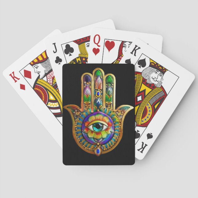 Colourful Flower Petals Turquoise Third Eye Hamsa Playing Cards (Back)
