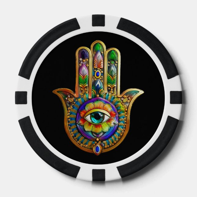 Colourful Flower Petals Turquoise Third Eye Hamsa Poker Chips (Front)