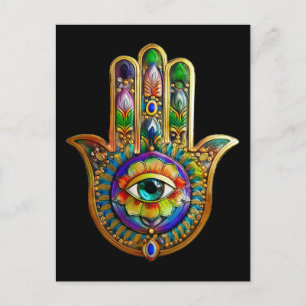 Colourful Flower Petals Turquoise Third Eye Hamsa Postcard