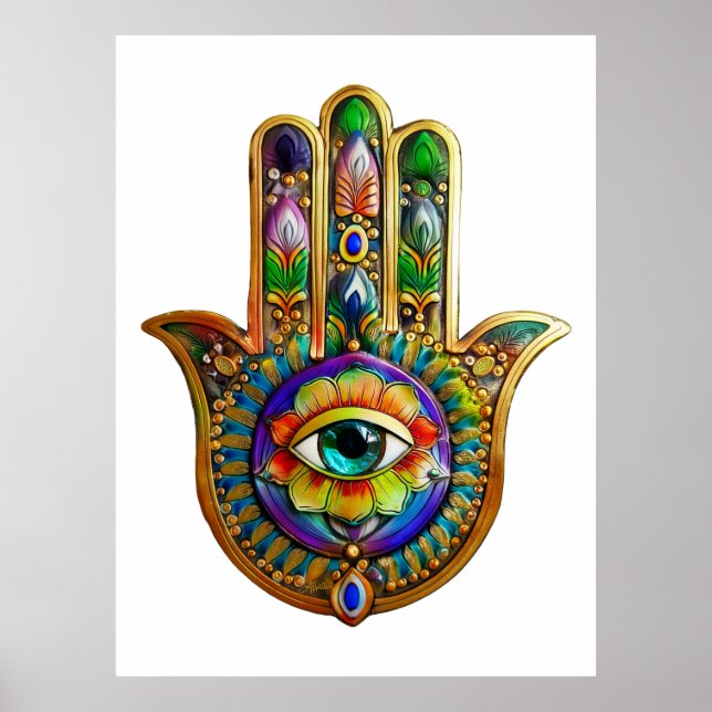 Colourful Flower Petals Turquoise Third Eye Hamsa Poster (Front)