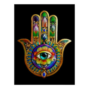 Colourful Flower Petals Turquoise Third Eye Hamsa Poster