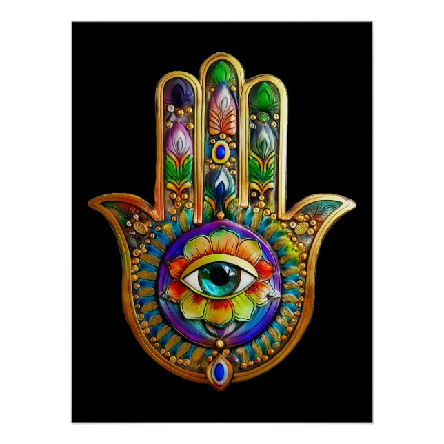 Colourful Flower Petals Turquoise Third Eye Hamsa Poster (Front)