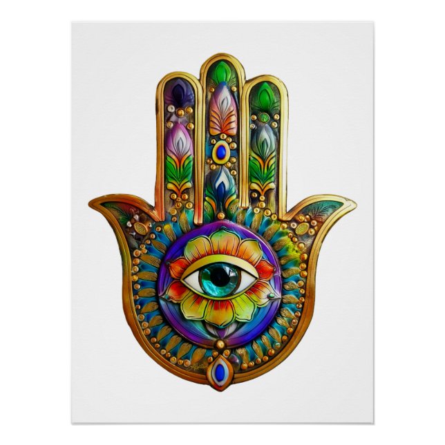 Colourful Flower Petals Turquoise Third Eye Hamsa Poster (Front)
