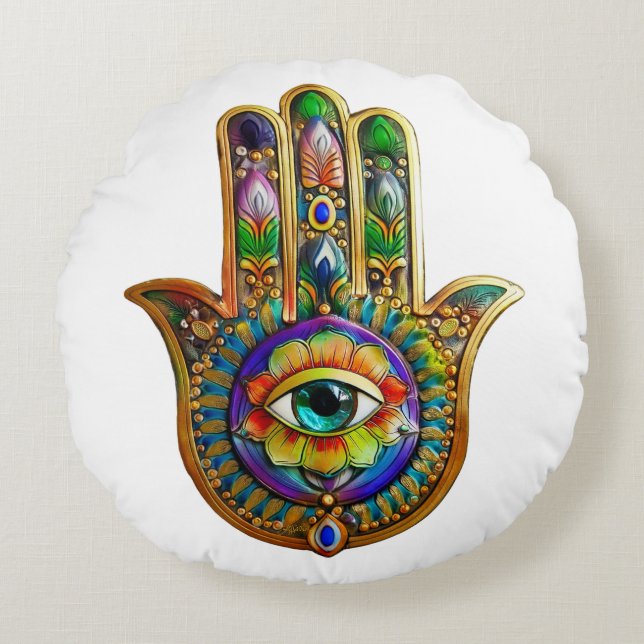 Colourful Flower Petals Turquoise Third Eye Hamsa Round Cushion (Front)