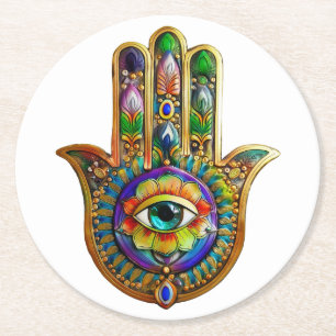 Colourful Flower Petals Turquoise Third Eye Hamsa Round Paper Coaster
