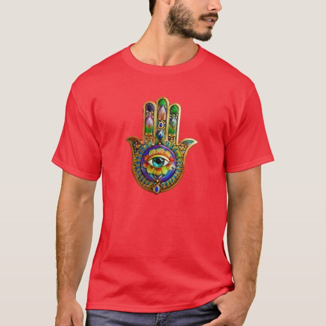 Colourful Flower Petals Turquoise Third Eye Hamsa T-Shirt (Front)