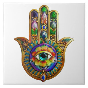 Colourful Flower Petals Turquoise Third Eye Hamsa Tile