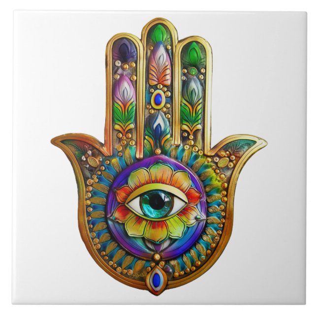 Colourful Flower Petals Turquoise Third Eye Hamsa Tile (Front)