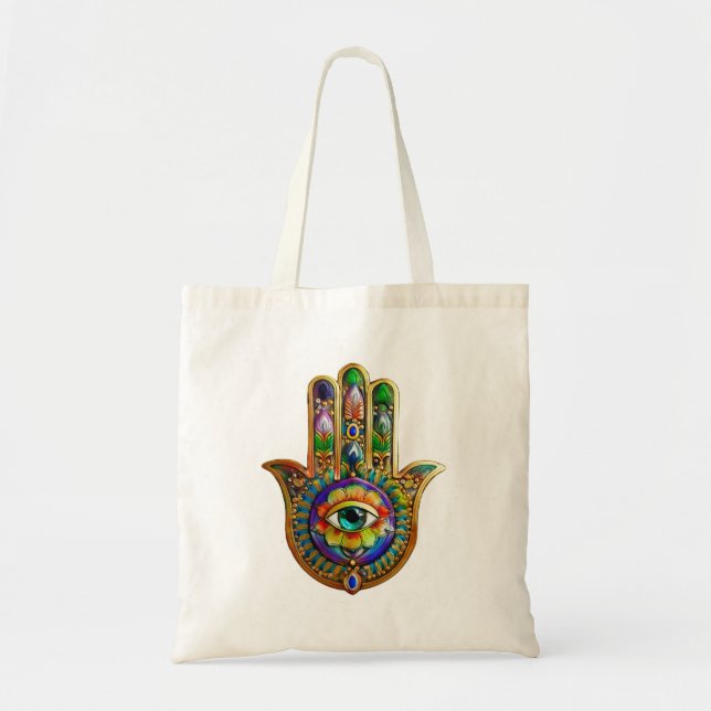 Colourful Flower Petals Turquoise Third Eye Hamsa Tote Bag (Front)