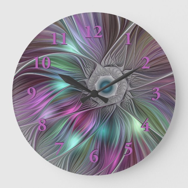 Colourful Flower Power Abstract Modern Fractal Art Large Clock (Front)