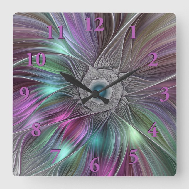 Colourful Flower Power Abstract Modern Fractal Art Square Wall Clock (Front)