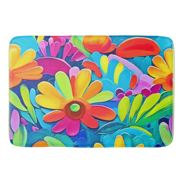 Colourful Flower Power Painting Bath Mat (Front)