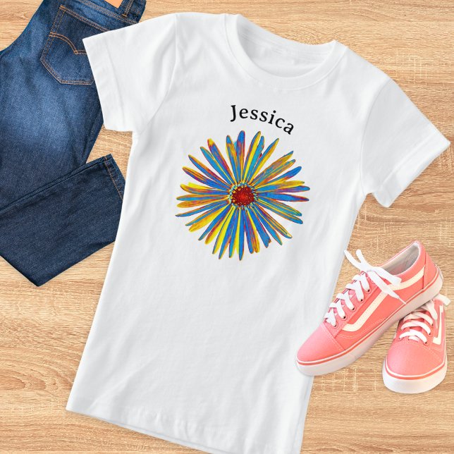 Colourful Flower Pretty Modern Personalised Name T-Shirt (A personalized T-shirt with colorful flower design)