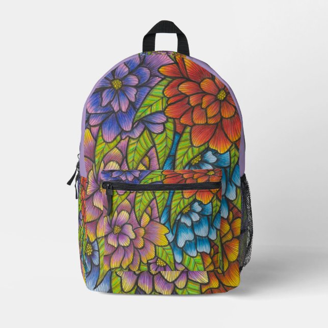 Colourful Flower Print Backpack With Light Purple  (Front)