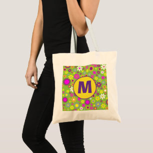 Colourful Flower Retro Sixties Floral Monogram Tote Bag