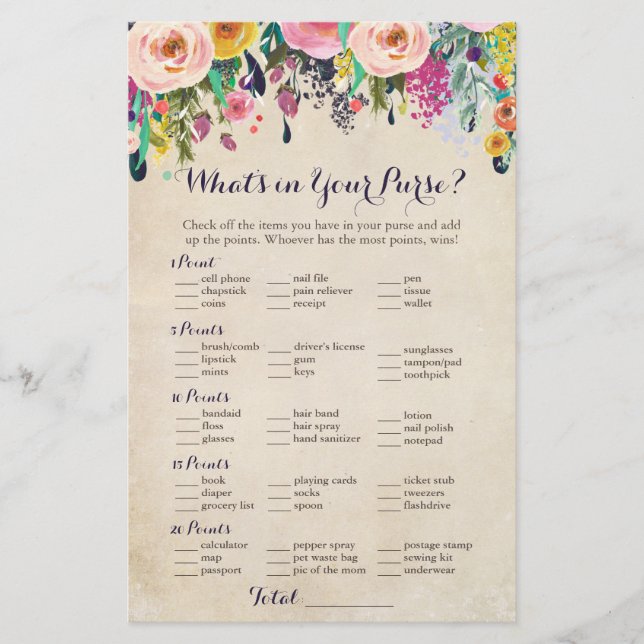 Colourful Flower What's in Your Purse Game, Vintag (Front)