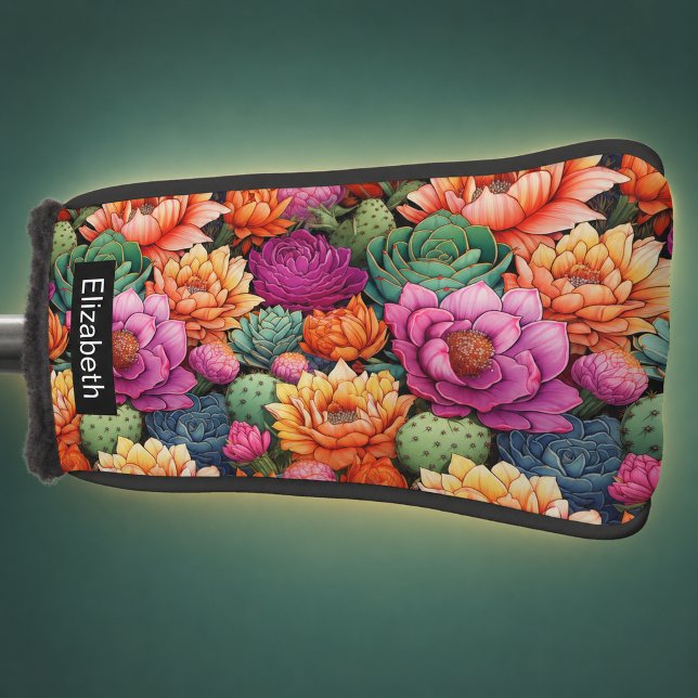 Colourful Flowering Cactus Personalised Golf Head Cover (colorful flowering cactus personalized golf club cover for women)