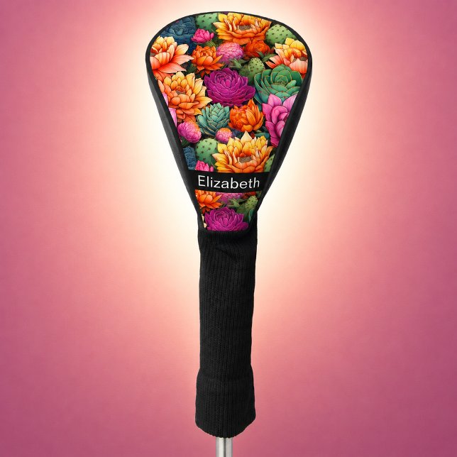 Colourful Flowering Cactus Personalised Golf Head Cover (colorful flowering cactus personalized golf club cover for women.)