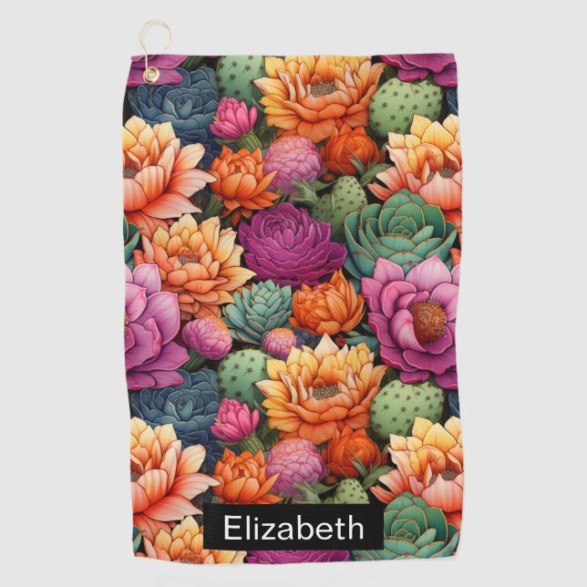 Colourful Flowering Cactus Personalised Golf Towel (Front)
