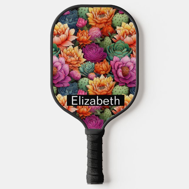 Colourful Flowering Cactus Personalised Pickleball Paddle (Front)
