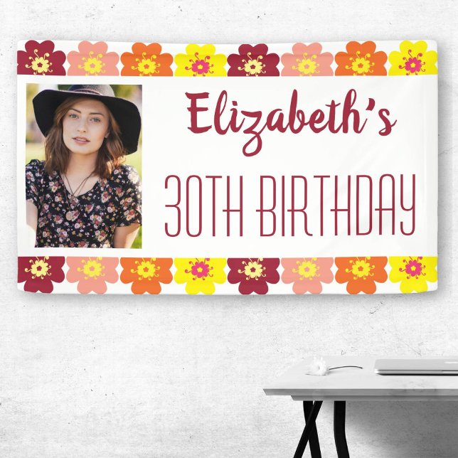 Colourful Flowers 30th Photo Birthday Party Banner (Creator Uploaded)