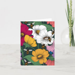 Colourful Flowers and Bees Blank Card
